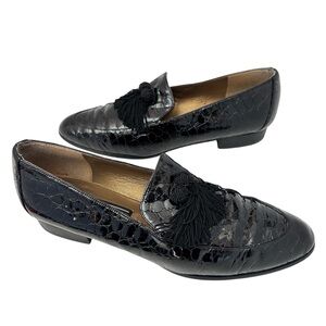 Stuart Weitzman Black Croc-Embossed Patent Leather Loafers Fringe Tassel 9N